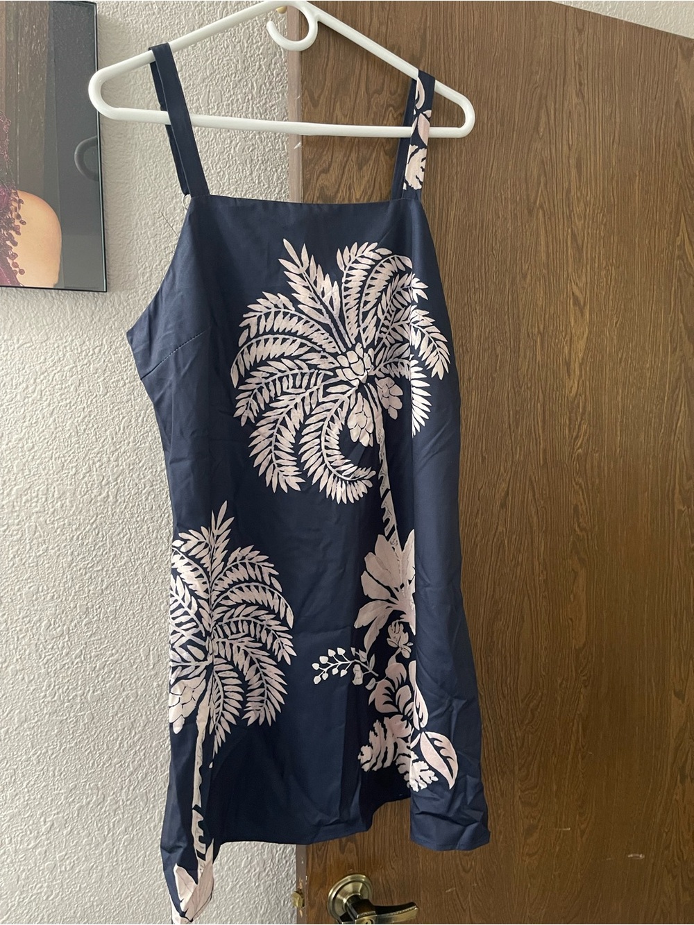 Navy Blue Palm-Print Mini Dress with Pink Accents